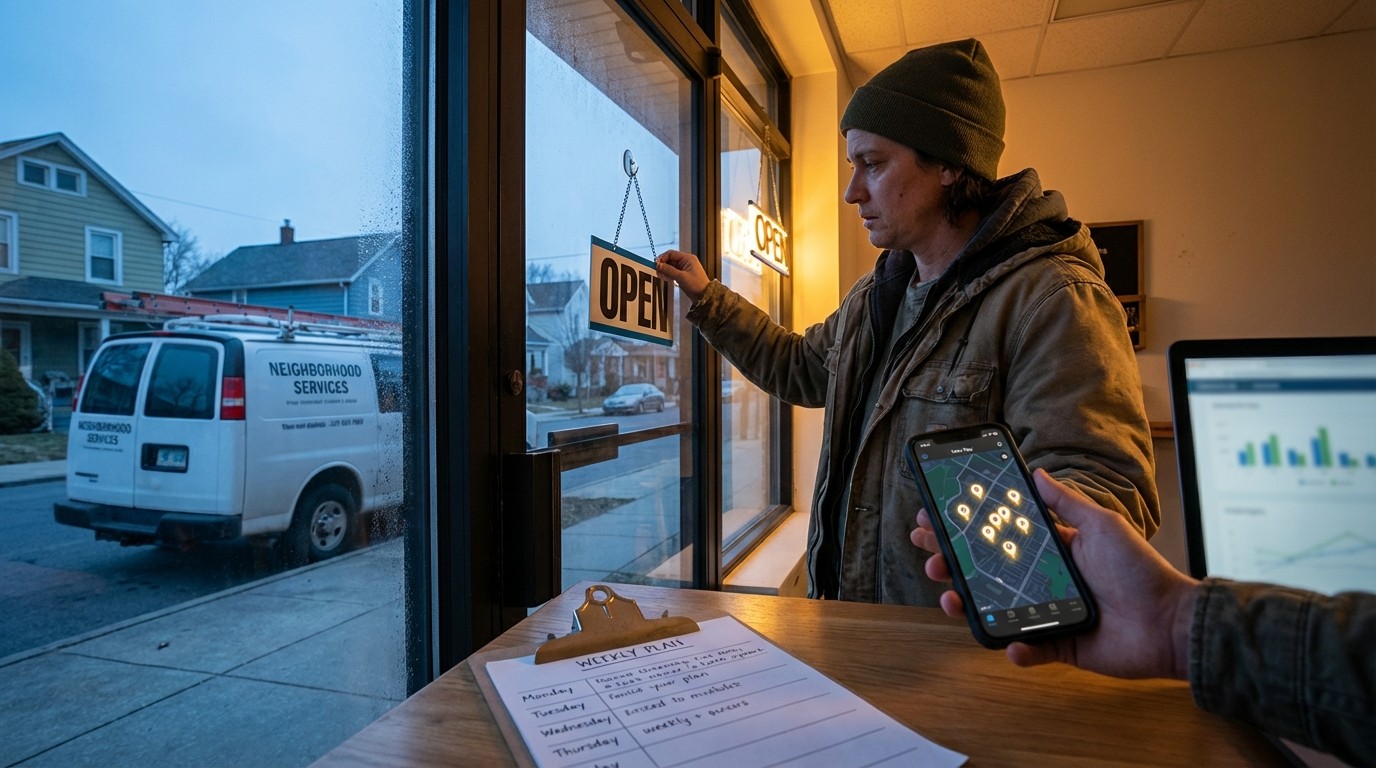 Small business owner reviewing local marketing strategy and analytics dashboard