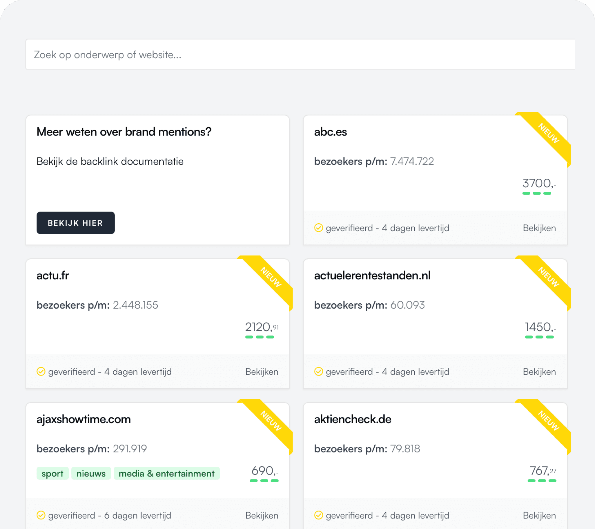 Foto van homepagina backlink platform met opties uit verschillende brand mentions
