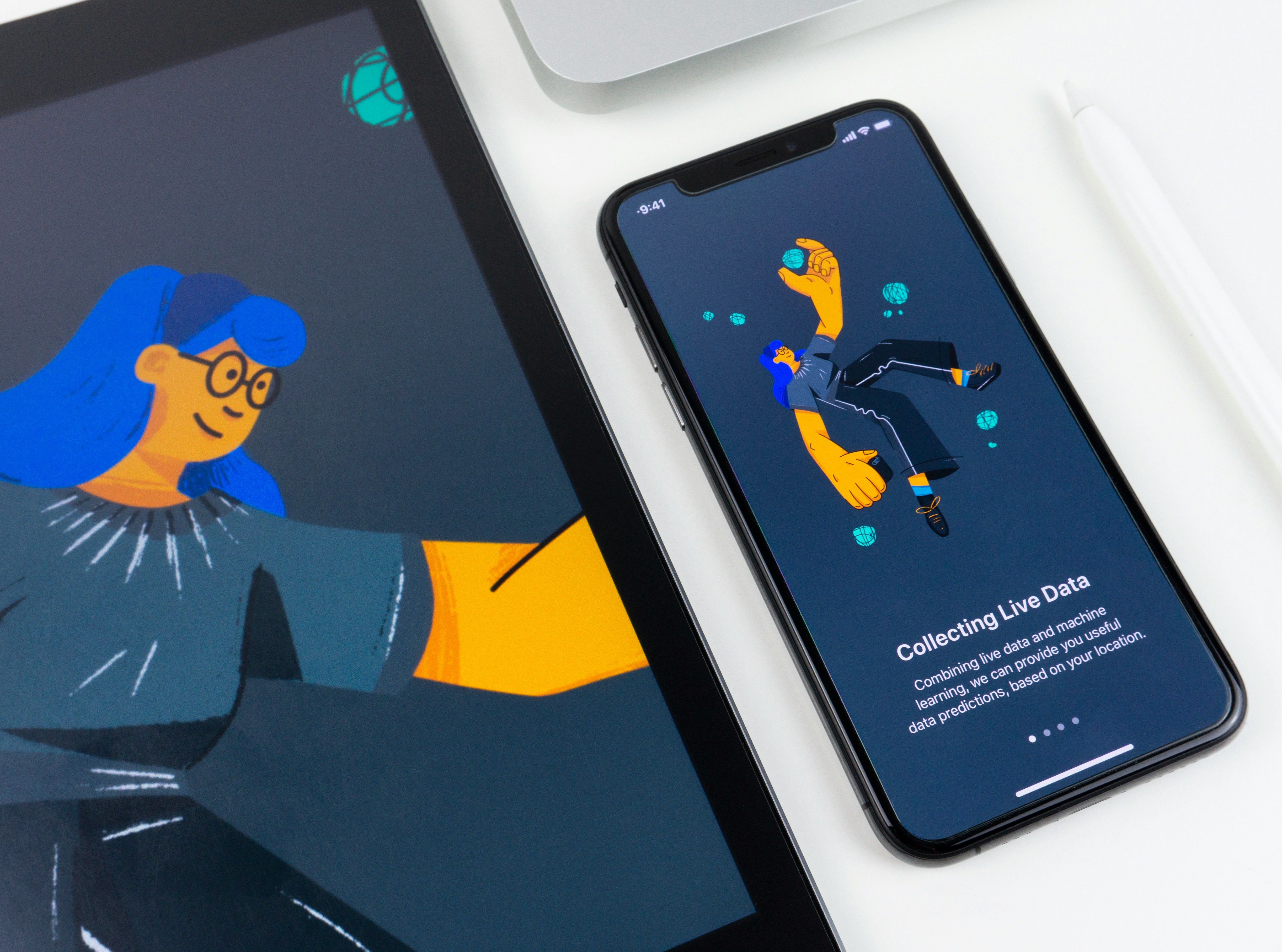 App onboarding screens on a phone and tablet with matching illustrations