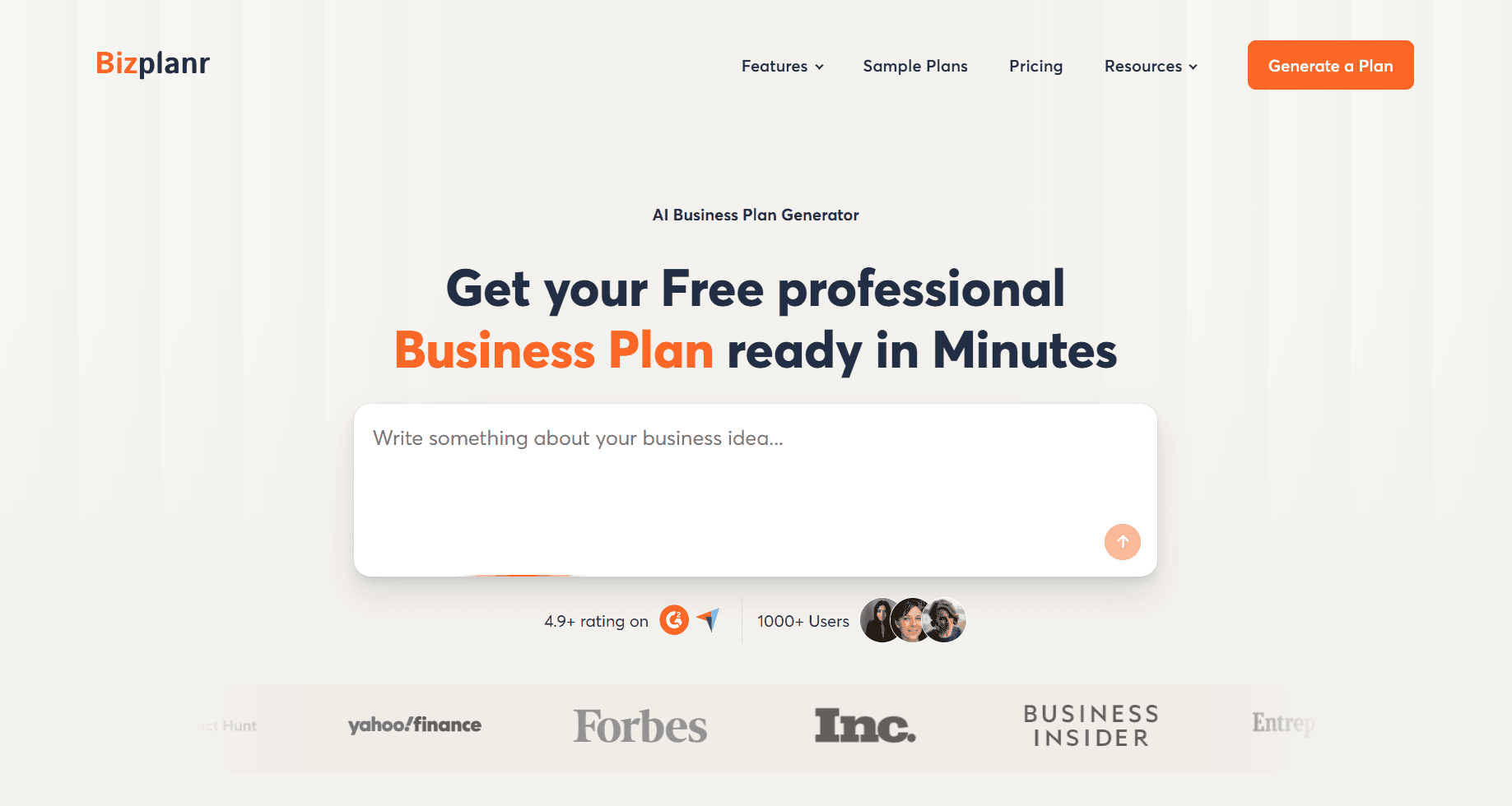 Homepage screenshot of Bizplanr featuring the headline “Get your Free professional Business Plan ready in Minutes” with an AI business plan input box and media logos below.
