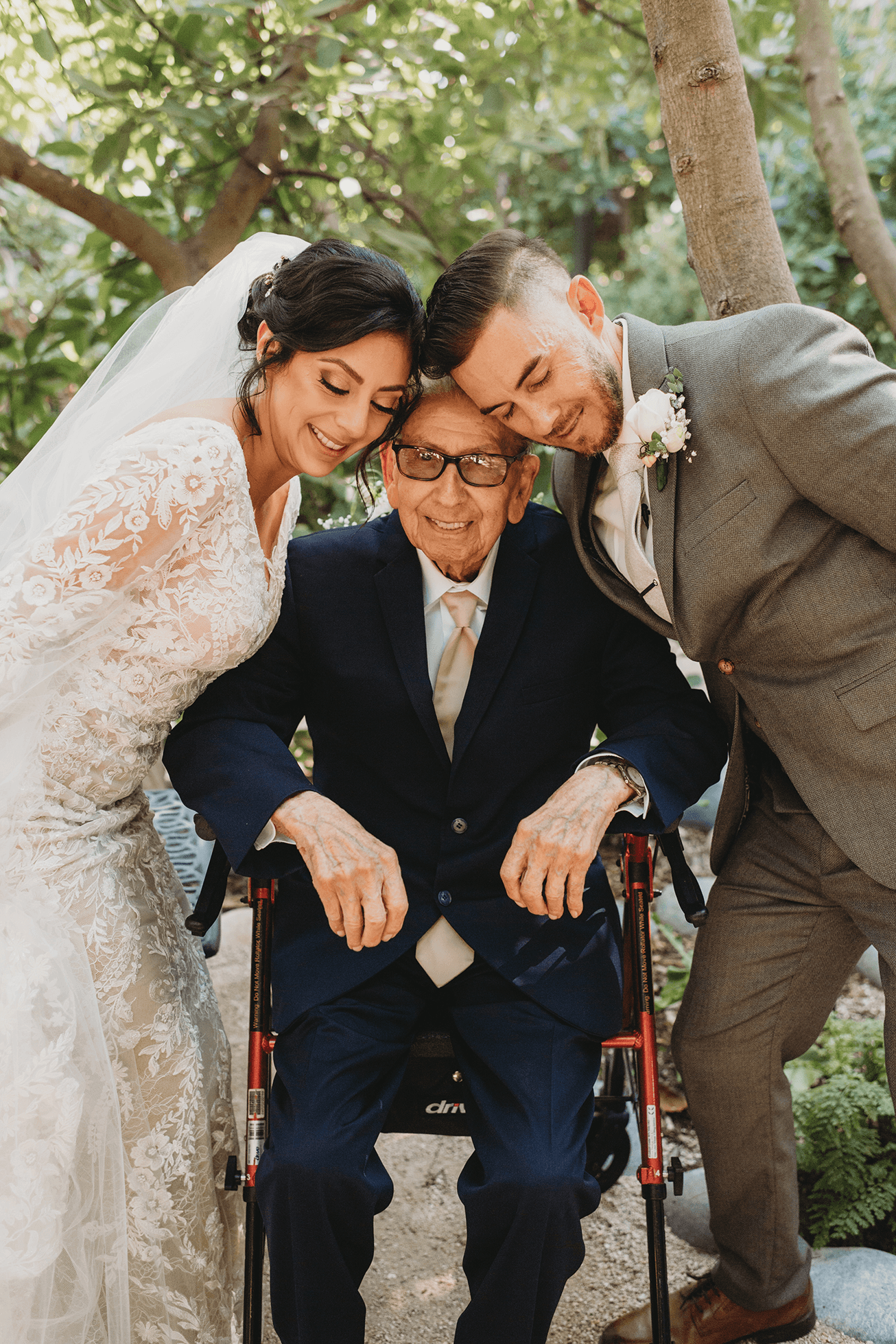 Flat lay wedding details with bouquet, rings, and sparkling bridal heels