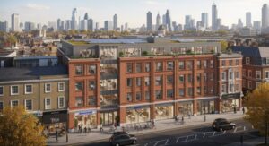 Urban block with red-brick mixed-use buildings and glass storefronts, set against modern high-rise offices — highlighting adaptive reuse and street-level commercial potential.