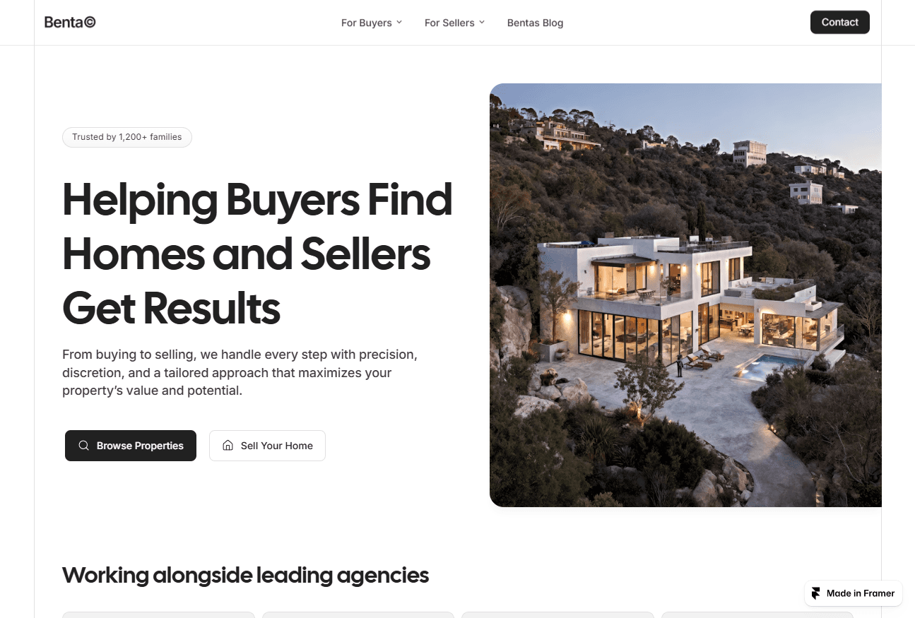 Benta real estate website homepage with headline "Helping Buyers Find Homes and Sellers Get Results" and a modern hillside house with a pool at dusk.