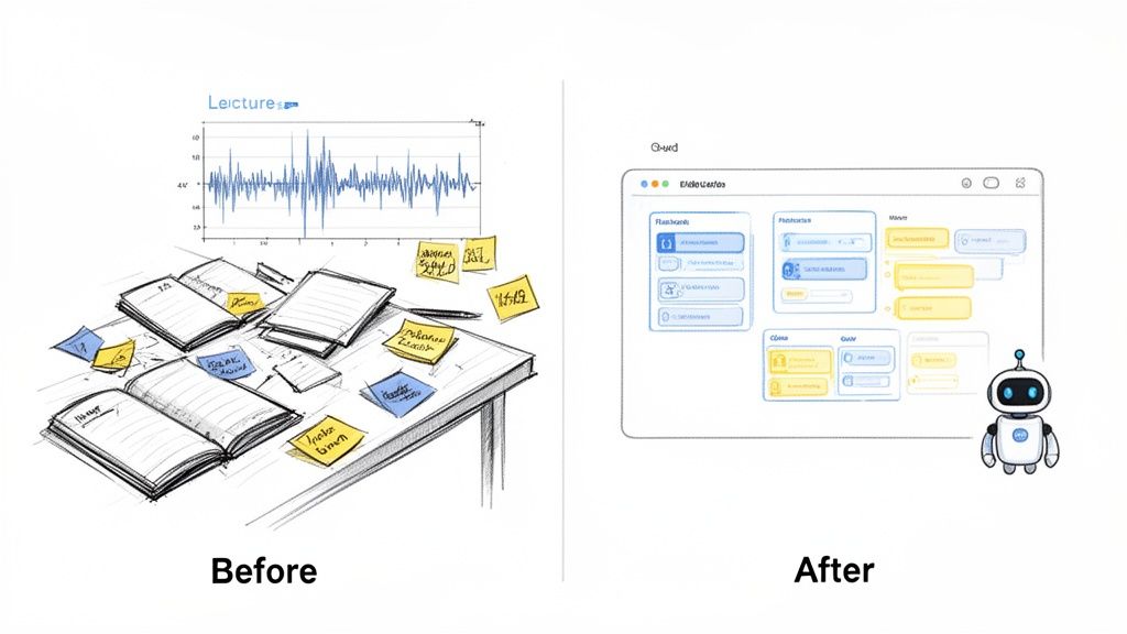 Before: messy desk with books and notes. After: clean digital interface with an AI robot, showing learning transformation.