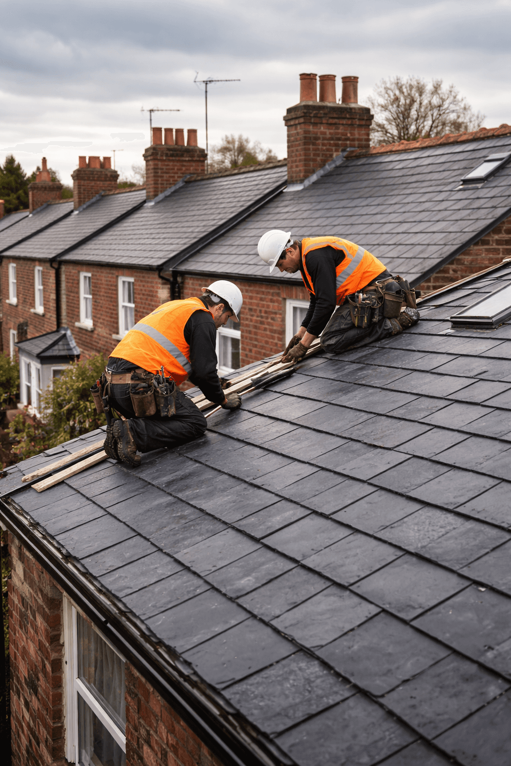 Roofers working on a slate roof