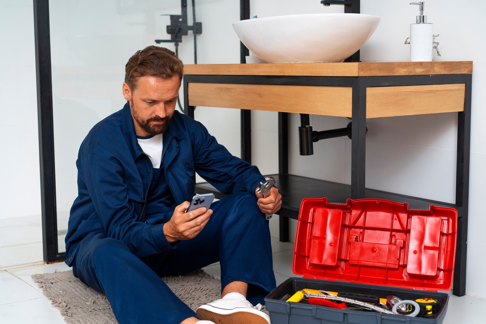 Installateur in blauwe overall zit op de grond bij een wastafel met telefoon in de hand en gereedschapskoffer ernaast