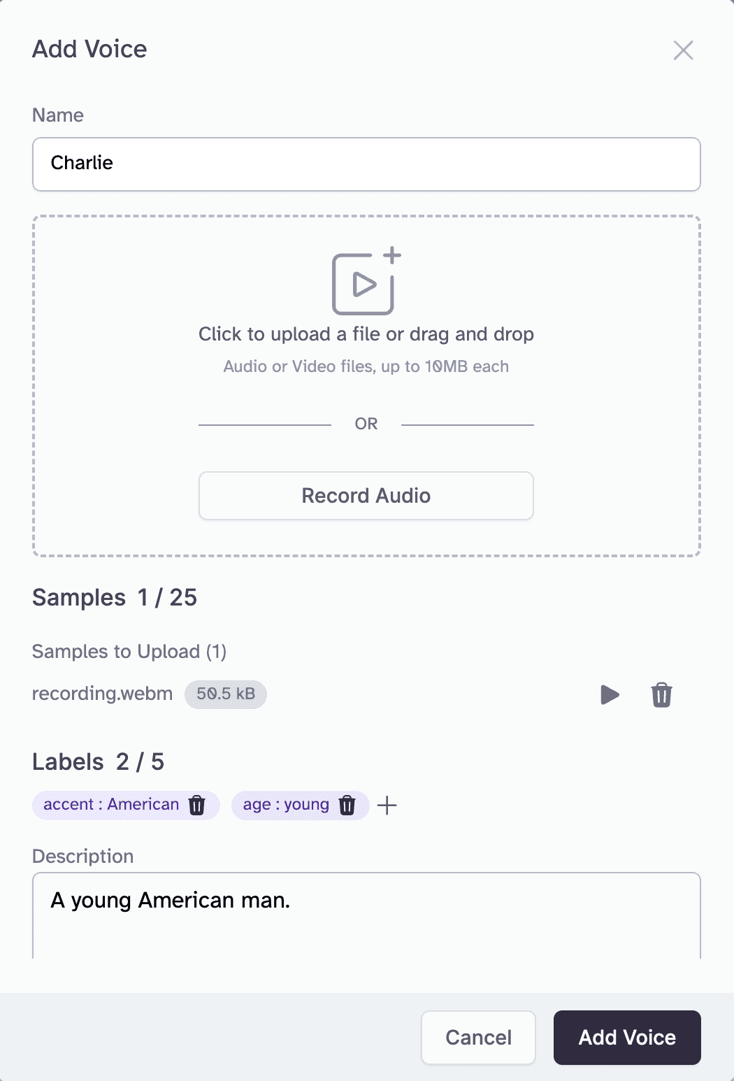 Elevenlabs voice creation page wth the prompt Charlie