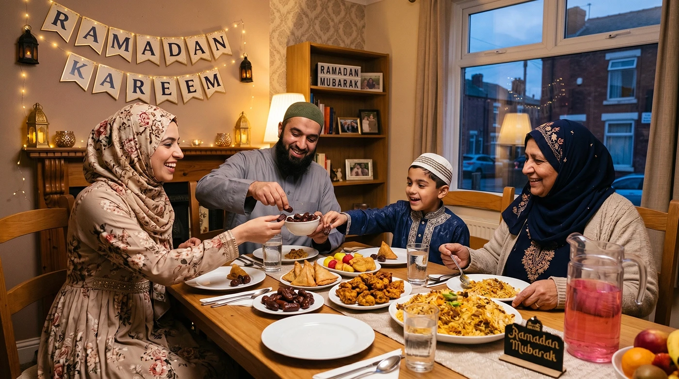 Multi-generational Muslim family celebrating Ramadan with Iftar meal for mediareach multicultural marketing