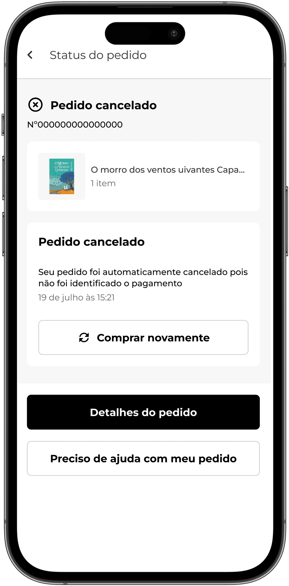 Página de pedido cancelado com motivação do cancelamento e opção de "comprar novamente"