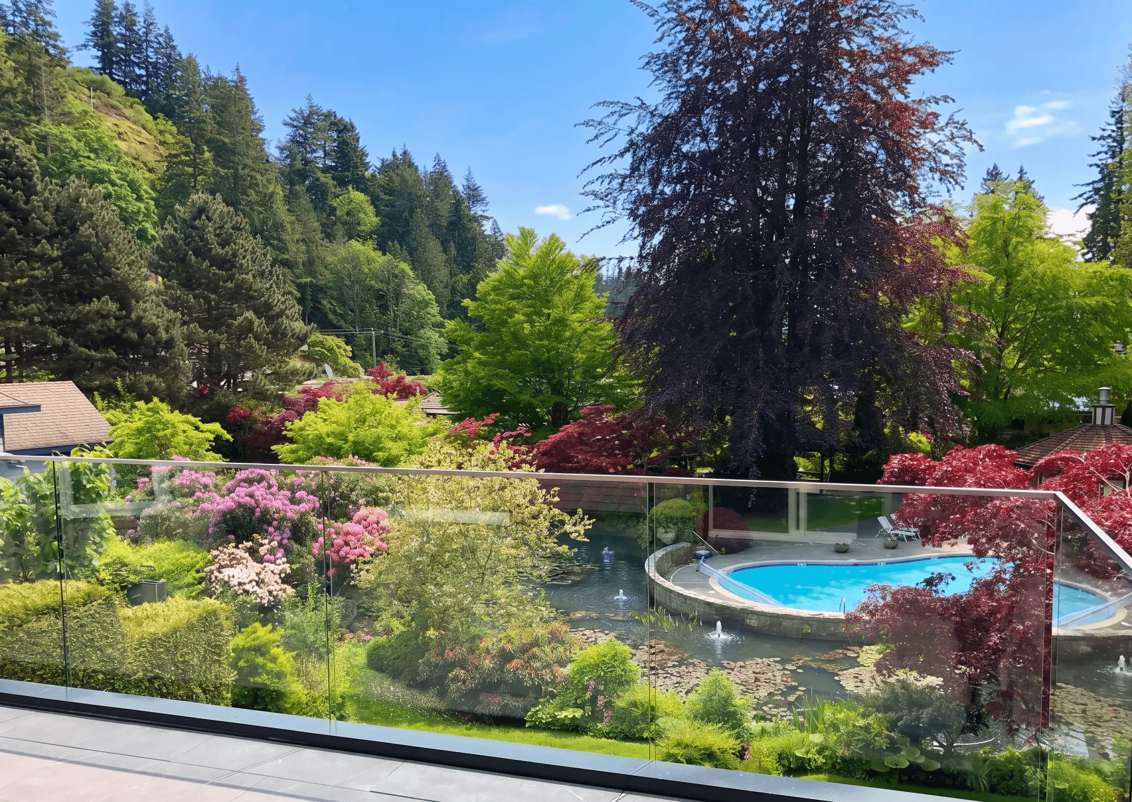 A high-angle view from a modern balcony looking out over a lush, carefully landscaped garden and a curved swimming pool. In the foreground, a dark gray tiled balcony floor leads to a frameless glass panel railing. Beyond the railing is a sprawling green garden with numerous flowering bushes of purple and pink rhododendrons and trees with both green and vibrant dark red foliage. Centered in the middle-ground is a natural-looking pond with stone edges, several small fountains, and a larger kidney-shaped swimming pool next to it. Tall, dense pine and deciduous trees cover a steep hill that rises in the background under a partly cloudy sky. The lighting is bright daylight.