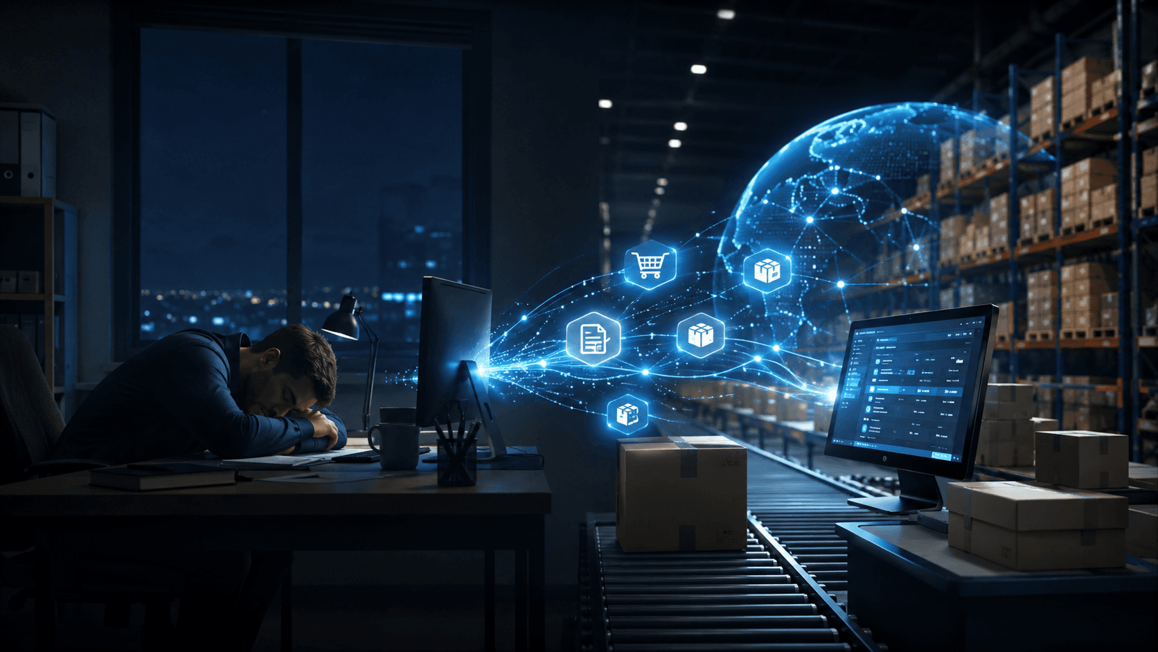 Renderização realista em 3D de um escritório à noite conectado a uma operação logística automatizada. Em primeiro plano, um vendedor dorme sobre a mesa enquanto, ao lado, um computador permanece ligado. Fluxos digitais luminosos saem da tela e se conectam a um centro de distribuição moderno com esteiras, caixas e um painel de gestão de pedidos. Elementos visuais de comércio eletrônico, pedidos e integração de sistemas aparecem como hologramas entre o escritório e o armazém, transmitindo a ideia de recebimento automático de pedidos e operação contínua durante 24 horas. Sem texto na imagem.