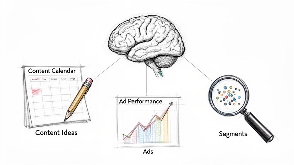 A diagram showing a brain connected to content ideas, ad performance, and audience segments for strategic marketing.