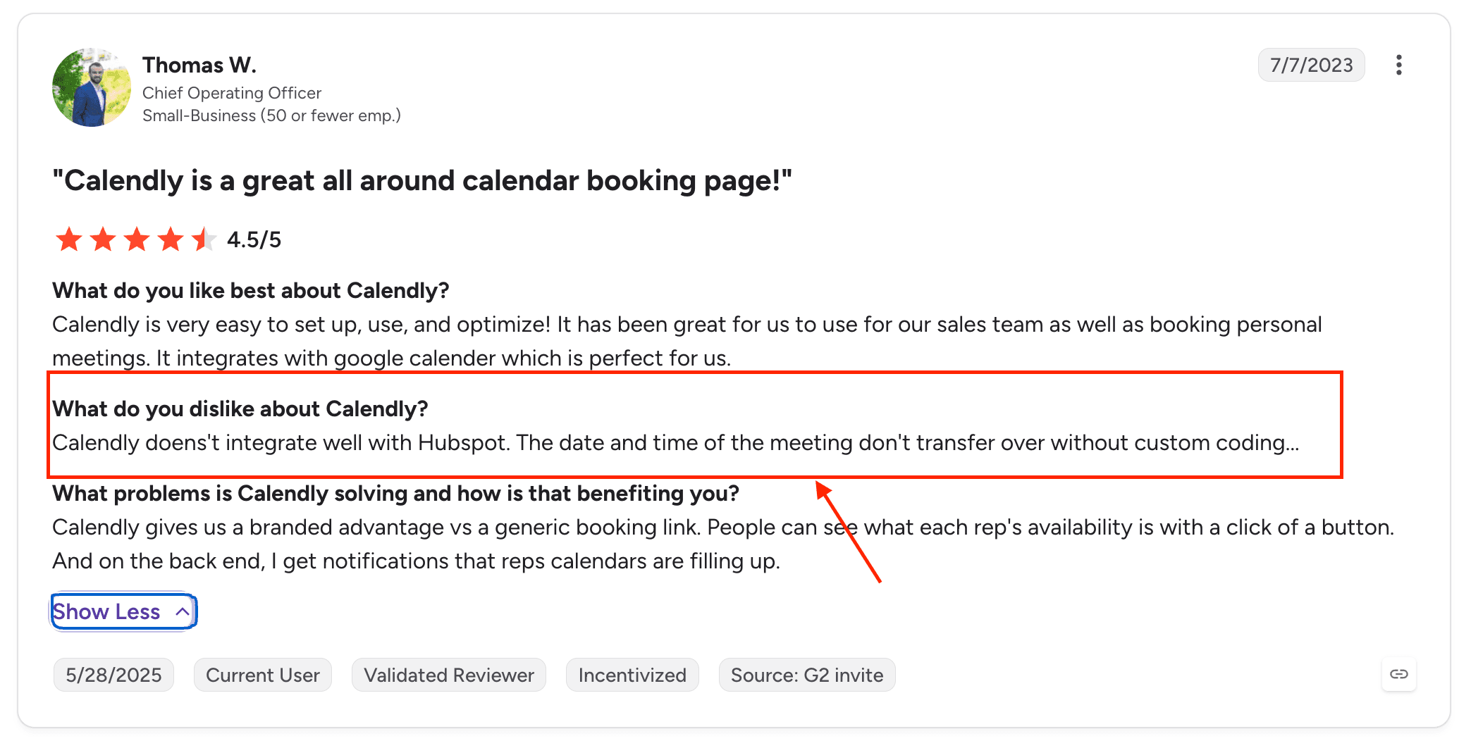 G2 review mentioning Calendly HubSpot integration problems