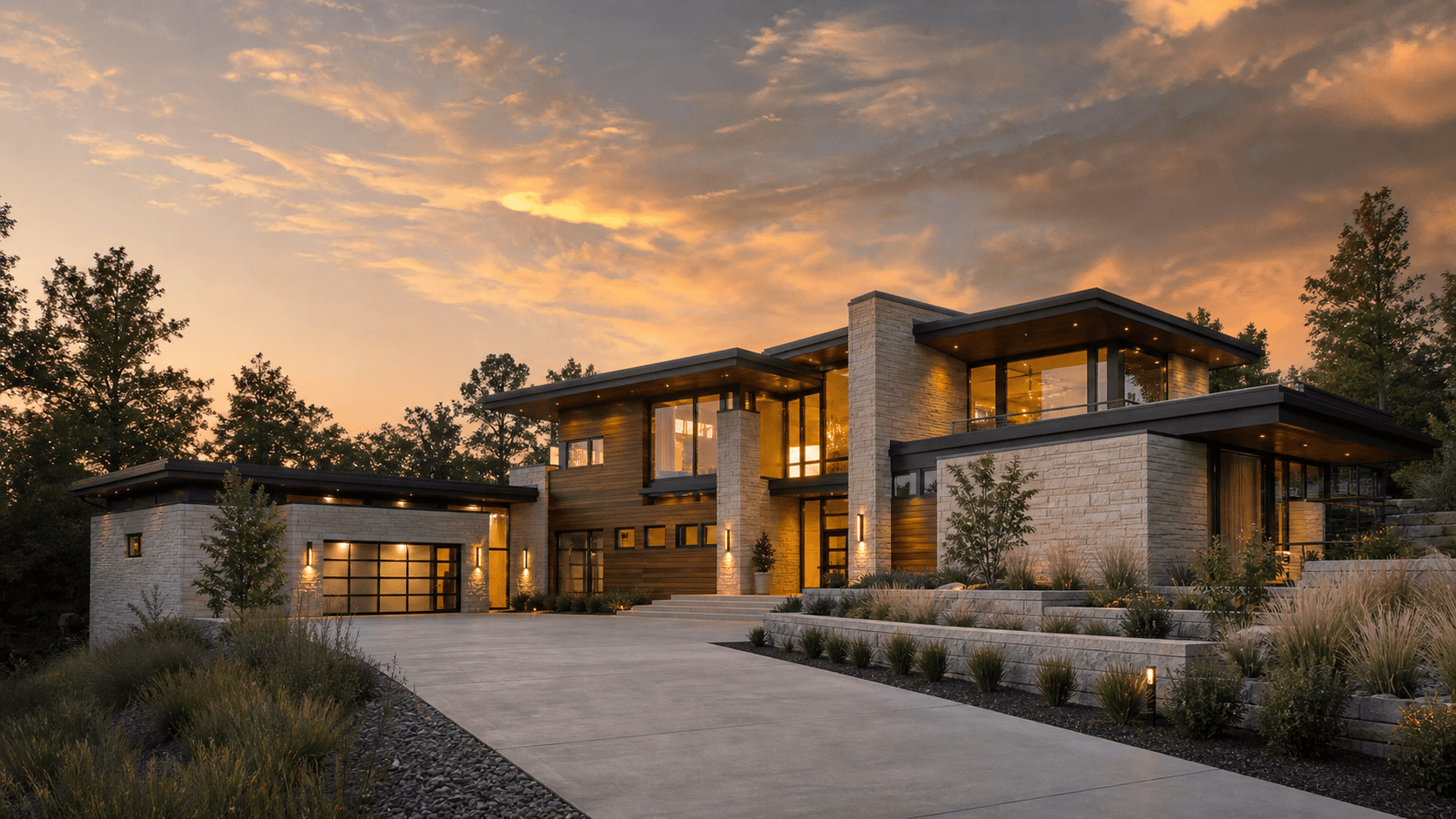 contemporary glass home with lawn