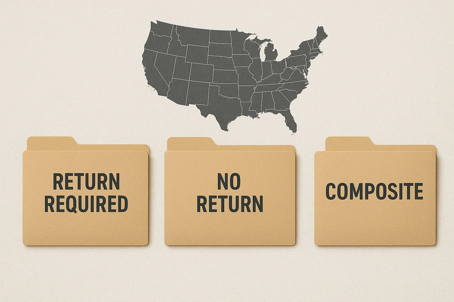 Three folders labeled return required, no return, and composite with a map outline above them showing multi state impact.