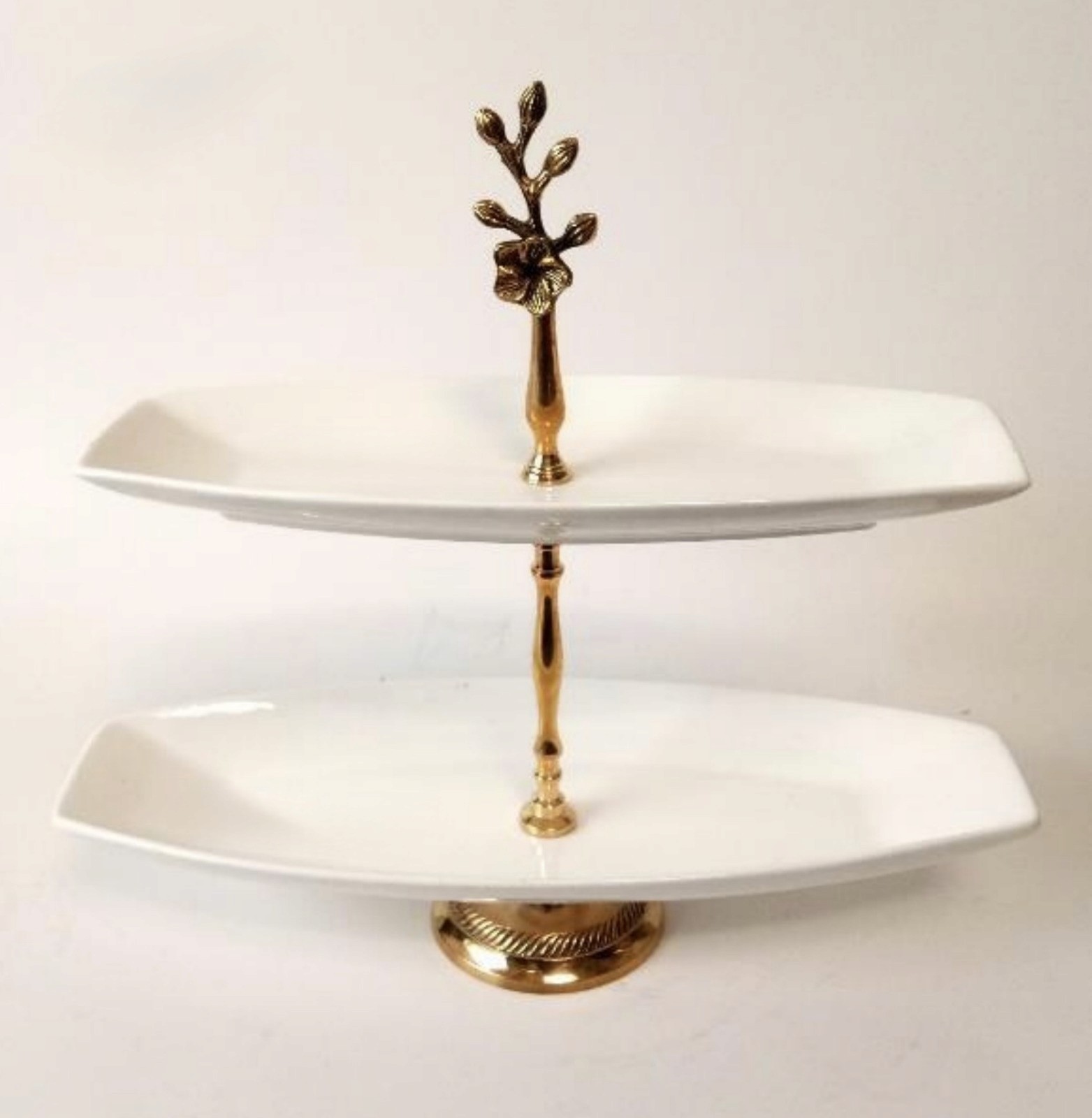 Luxury two tier oval marble serving stand with gold finish handle