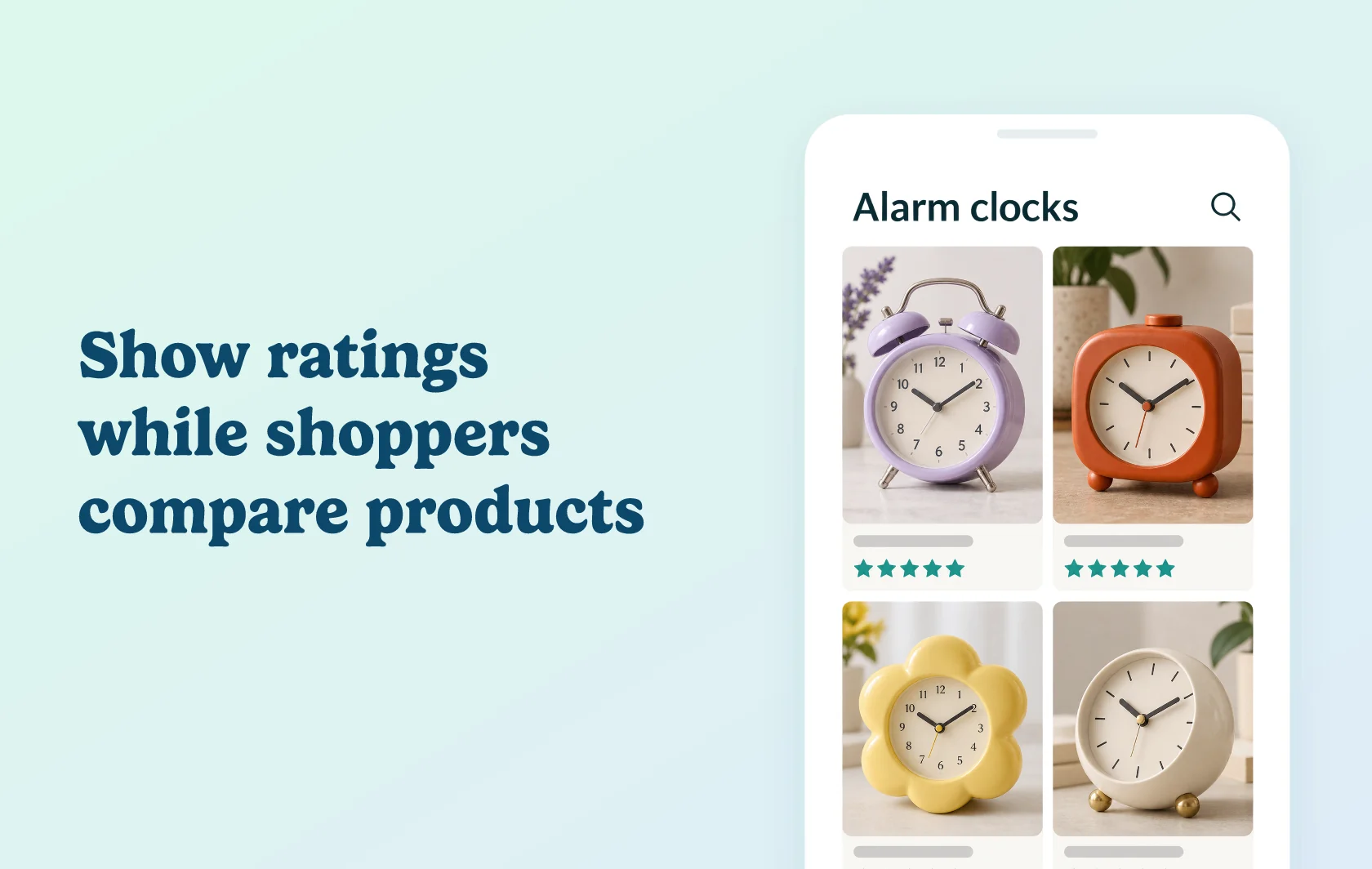 Judge.me and FlashSearch integration: illustration of an alarm-clock collection with star ratings displayed beneath the individual product photos.
