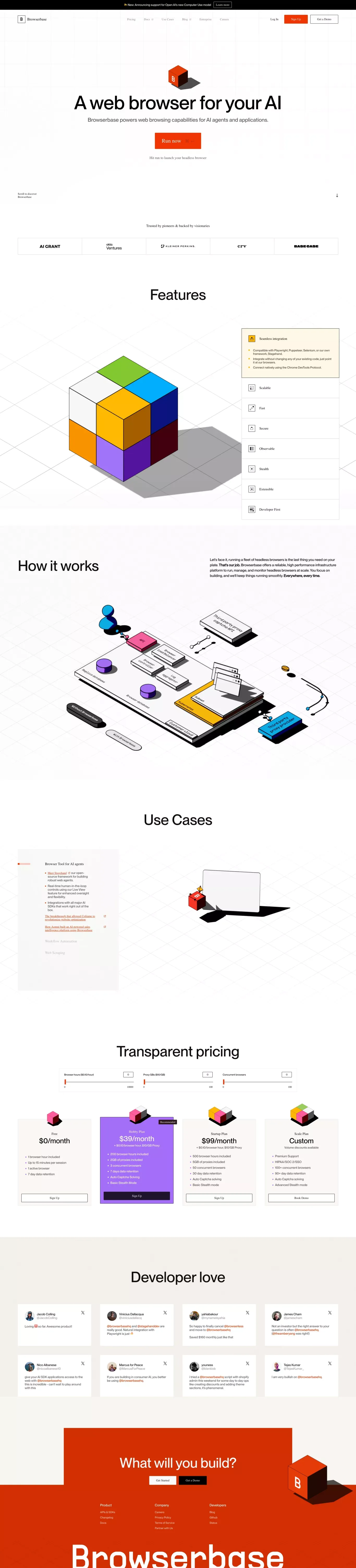 Browserbase: A web browser for AI agents landing page screenshot showcasing AI and Tech design
