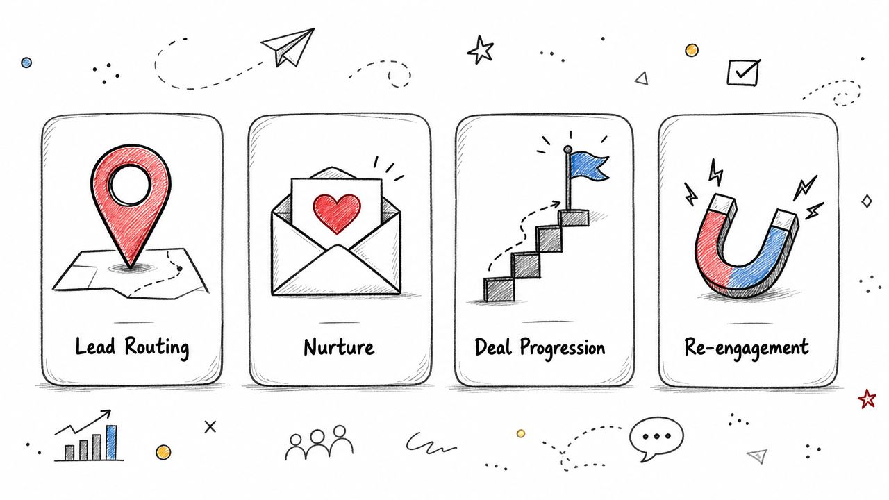 A sketched infographic showing four business stages: Lead Routing, Nurture, Deal Progression, and Re-engagement.