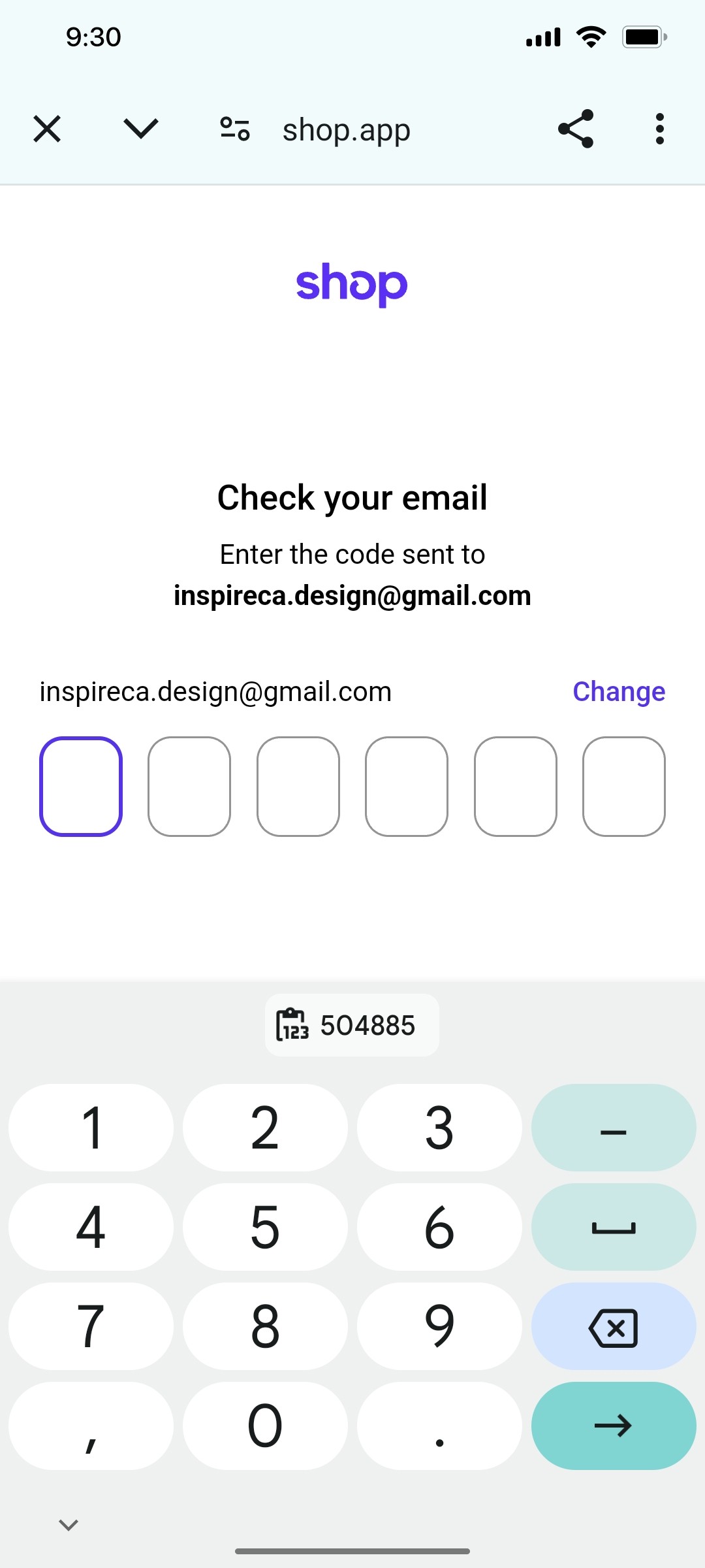 Shop App Check your email screen