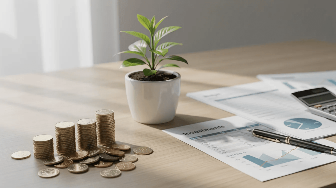 The image features a clean desk with a simple arrangement of coins, a small plant growing, and various financial documents, symbolizing the journey of business owners managing their investments and planning for the next chapter in life. This scene reflects the importance of financial planning and the multi asset strategy in navigating market conditions and ensuring long-term success.