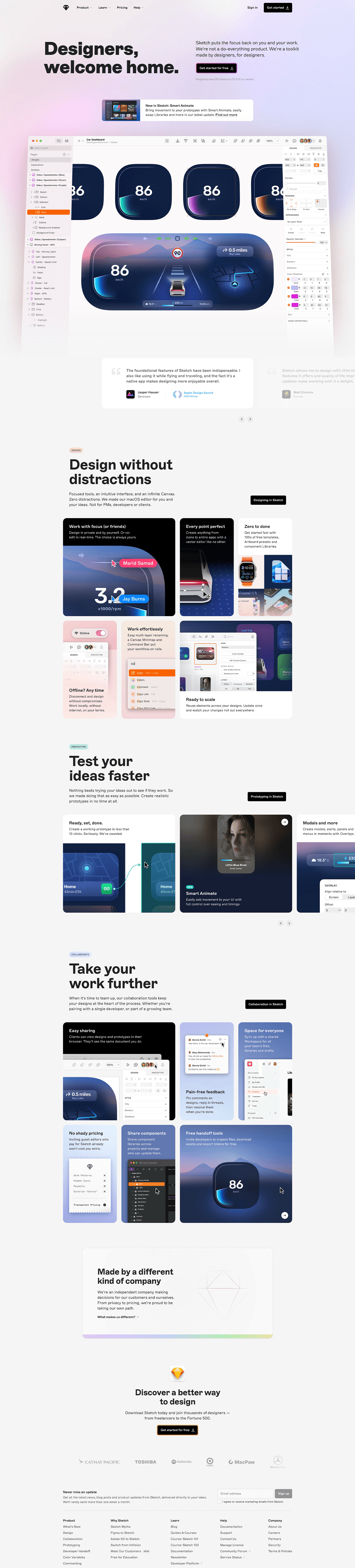 Sketch · Design, prototype, collaborate landing page screenshot showcasing Design and Tech design