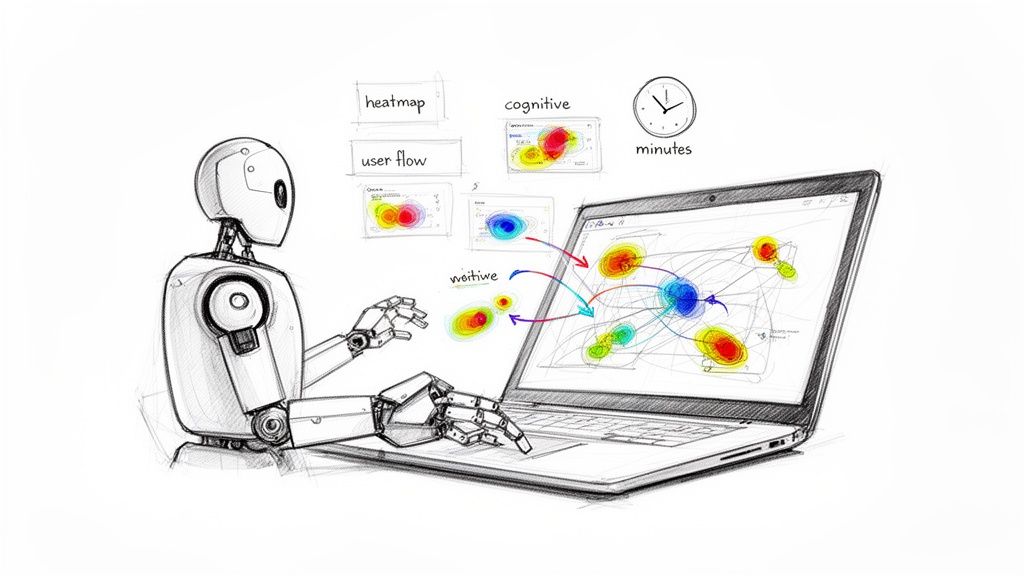 An AI robot performs synthetic user testing, analyzing cognitive heatmaps and user flow on a laptop screen.
