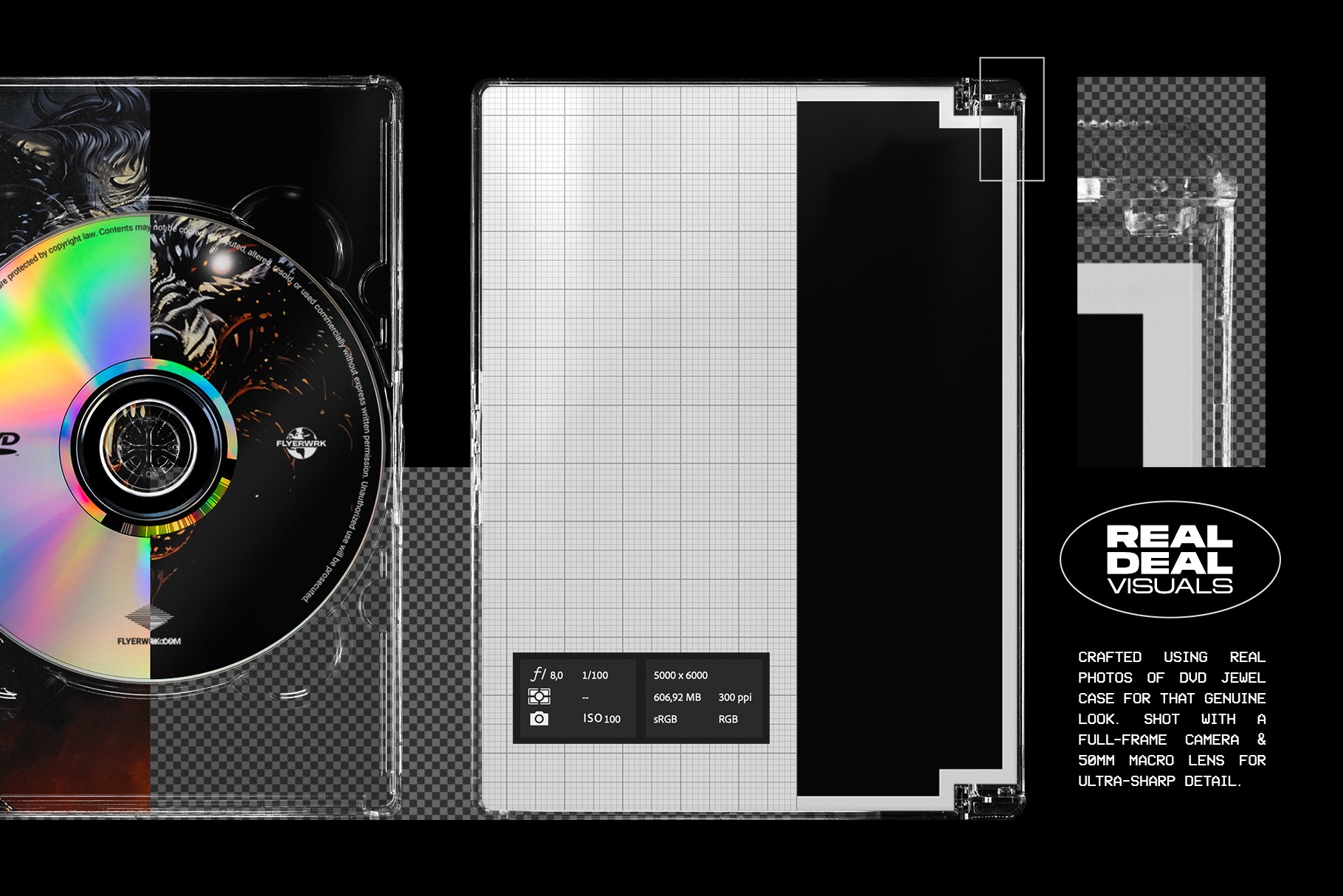 DVD jewel case mockup open case with disc and editable inlay design