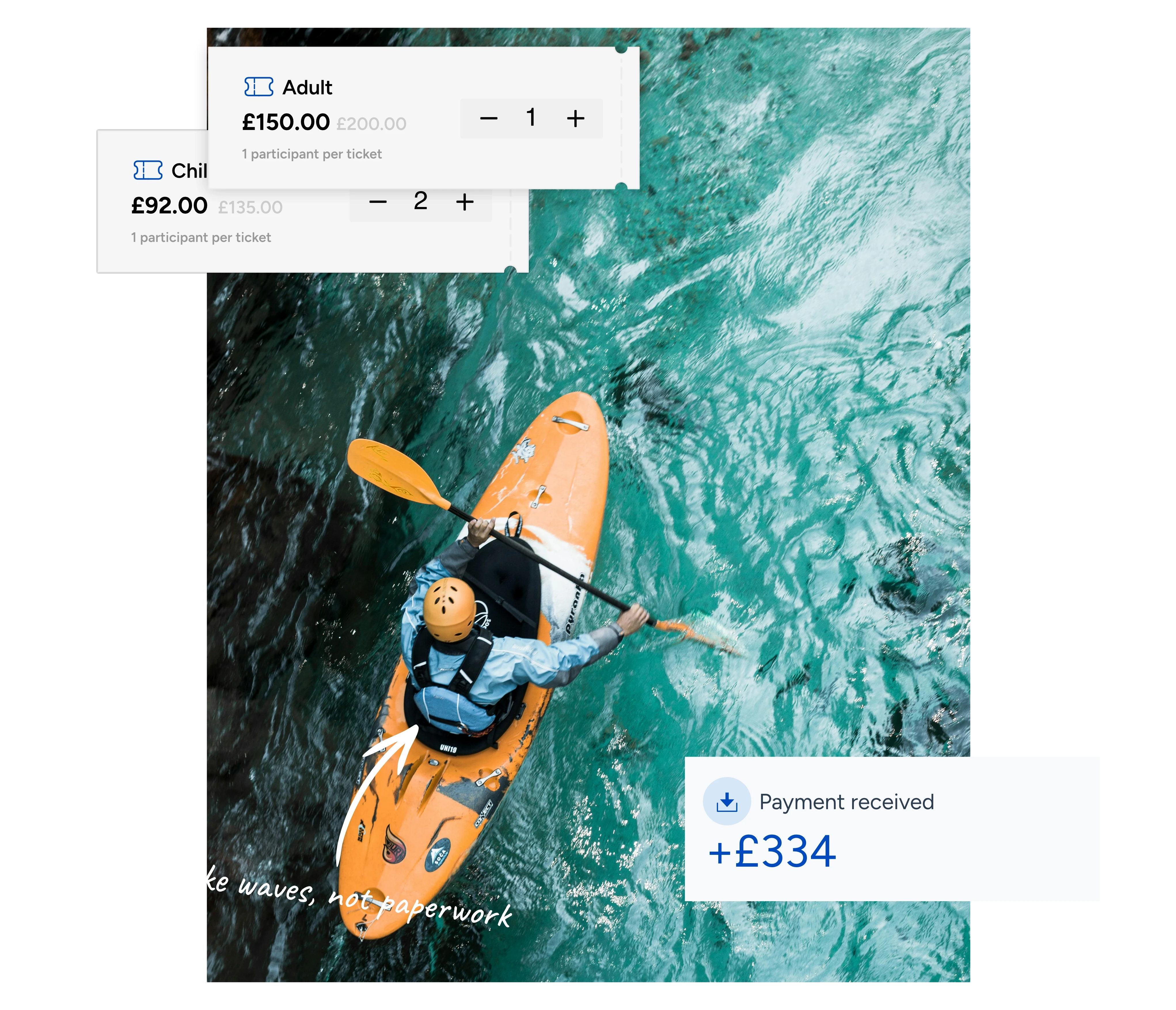 A kayaker paddles on clear turquoise water