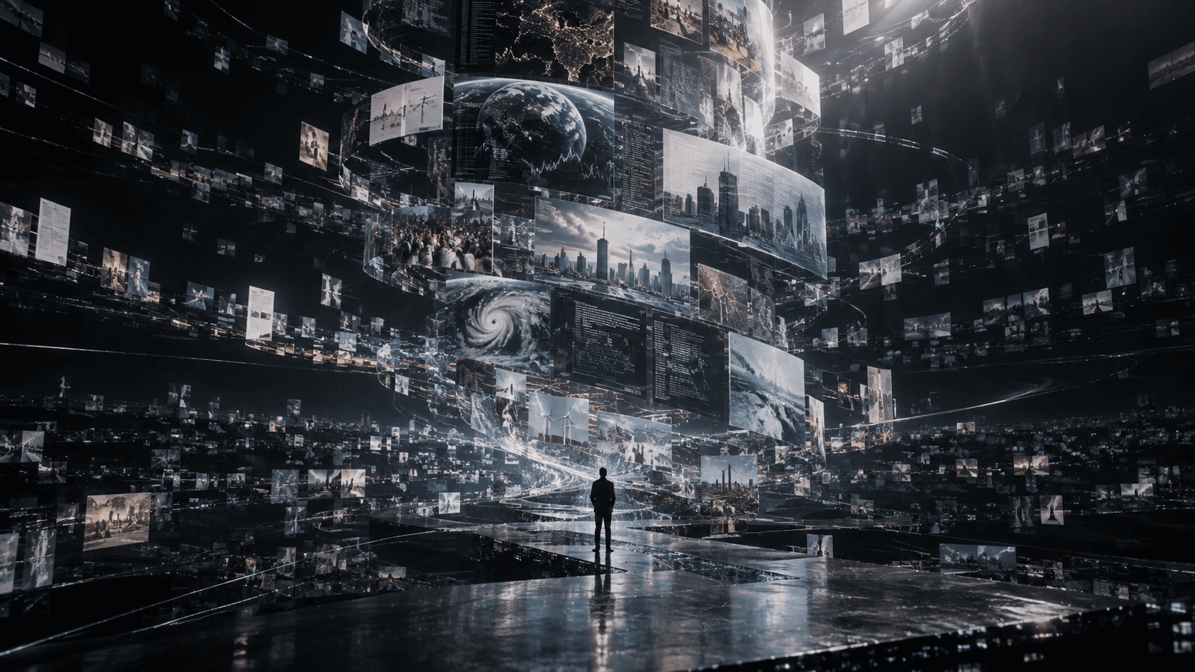 A person stands within an immense field of data screens and representations of the world.