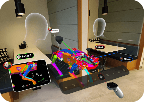 A first-person perspective image that shows a 3D mechanical model being reviewed in augmented reality in a collaborative session with other users