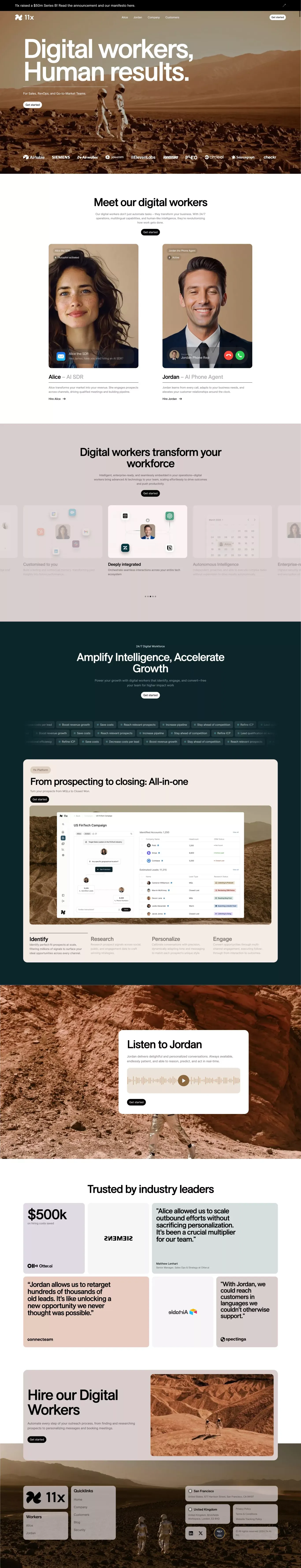 11X – Digital workers, Human results landing page screenshot showcasing Tech and HR design