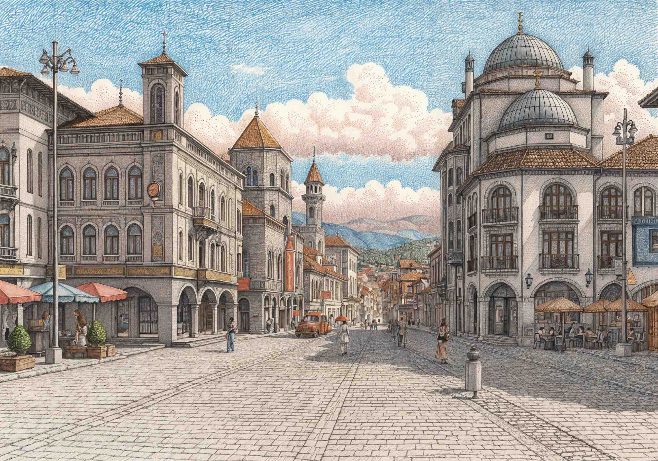 Detailed illustration of a historic street in Pristina, Kosovo, featuring elegant European and Ottoman-style architecture, domed buildings, arched windows, and a lively café scene with mountains in the background.