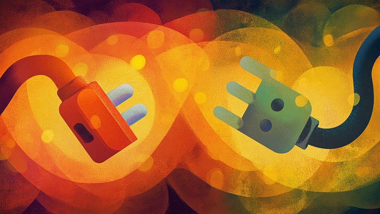 Colorful illustration of two power plugs about to connect, symbolizing connection and energy