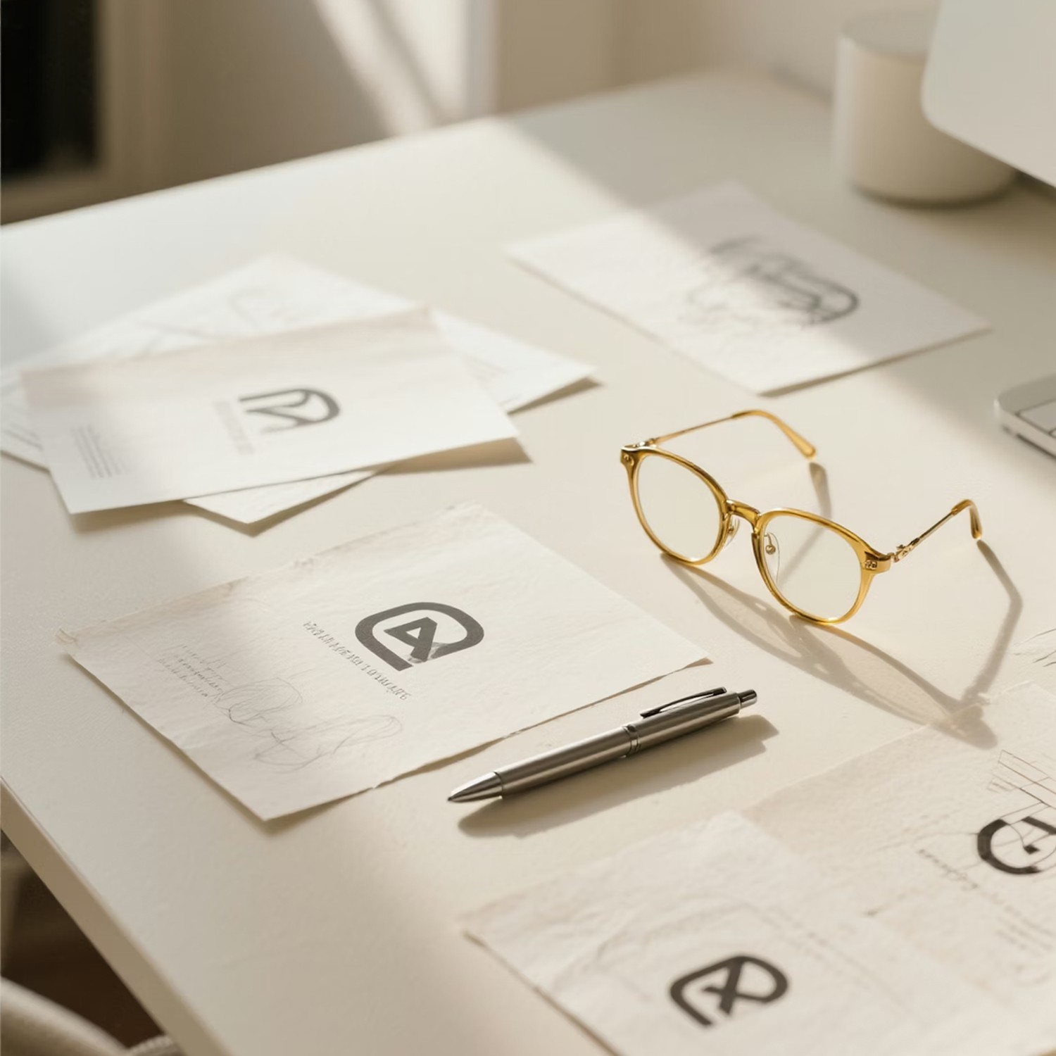 Logo design sketches on desk