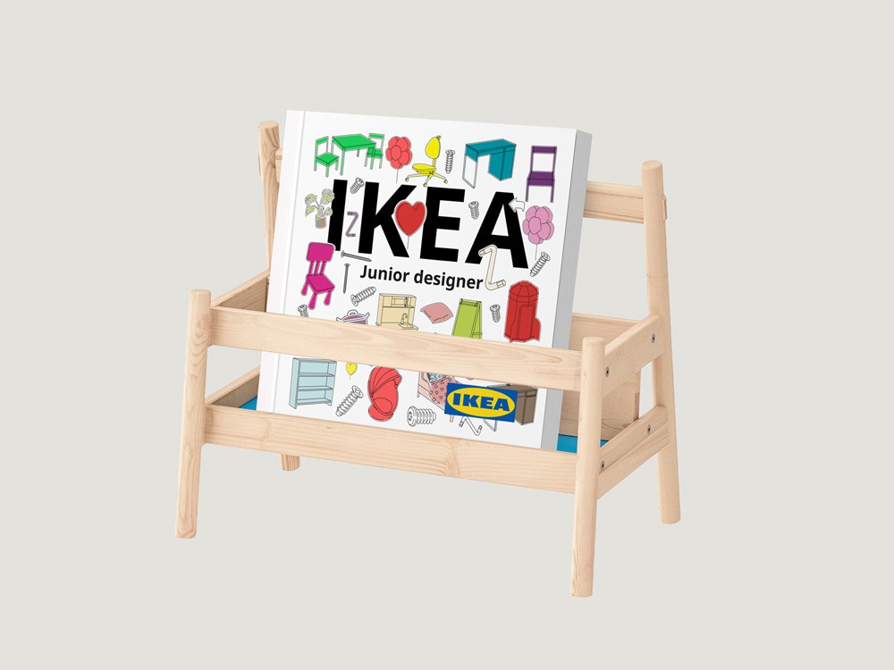 A wooden IKEA children's easel displaying a colorful Junior Designers branded poster, used as the project thumbnail for OUF Studio's IKEA birthday party concept case study.
