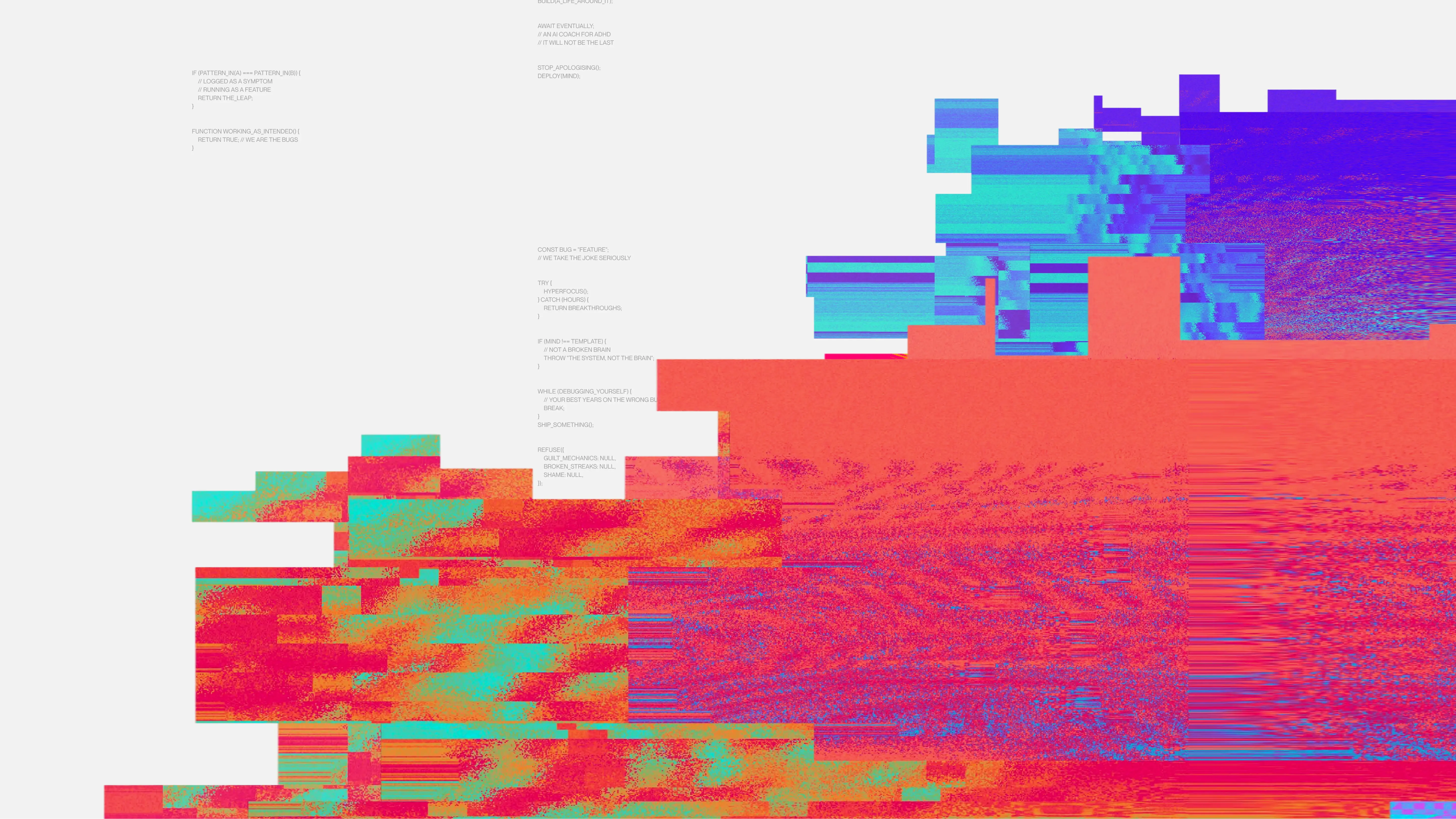 Glitchy pixelated orange, pink and blue graphic with small text on white