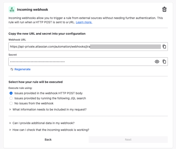 Jira's incoming webhook configuration panel for setting up automation triggers