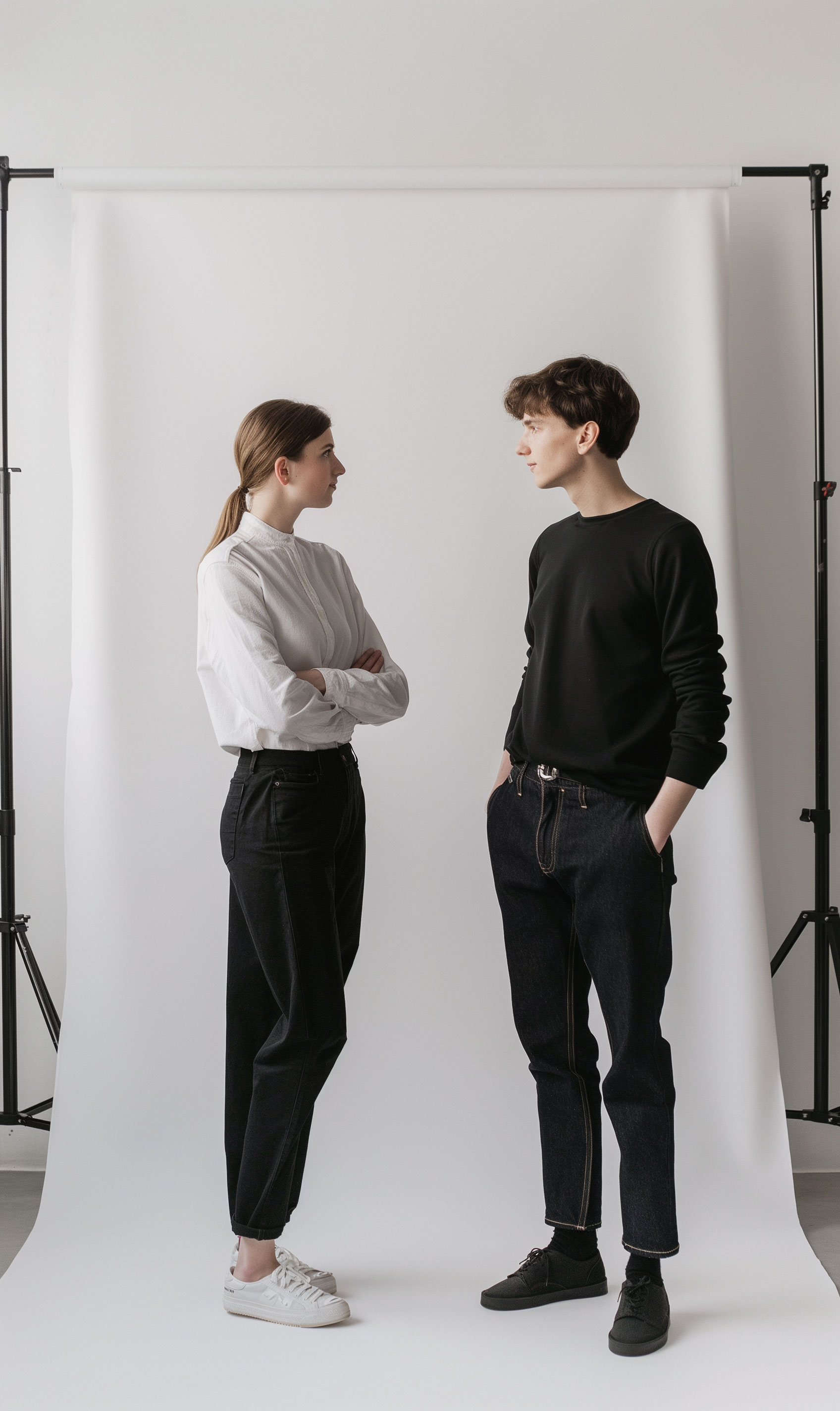 A man and a woman in casual clothing stand face-to-face in a photography studio with a white backdrop. Both have a neutral expression as they engage in conversation.