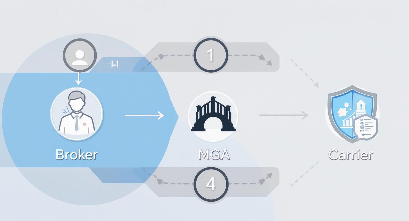 Diagram illustrating the insurance distribution process involving a broker, MGA, and carrier.