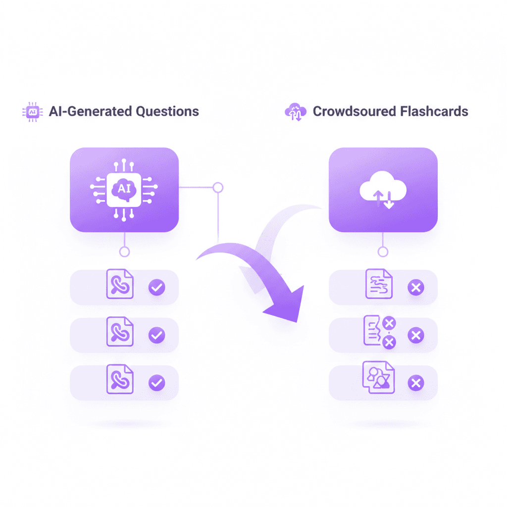 A side-by-side comparison chart showing accurate, AI-generated quiz questions versus crowdsourced flashcards with spelling errors
