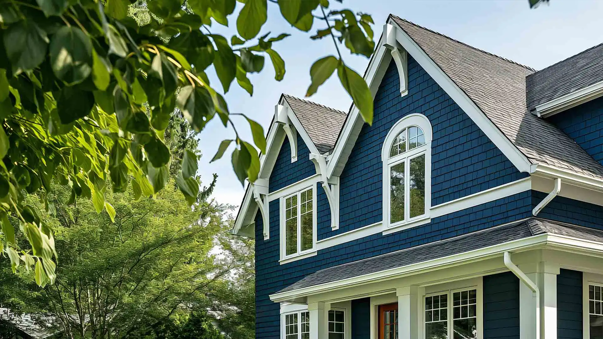 A photo of the upstairs exterior of a family suburban home.