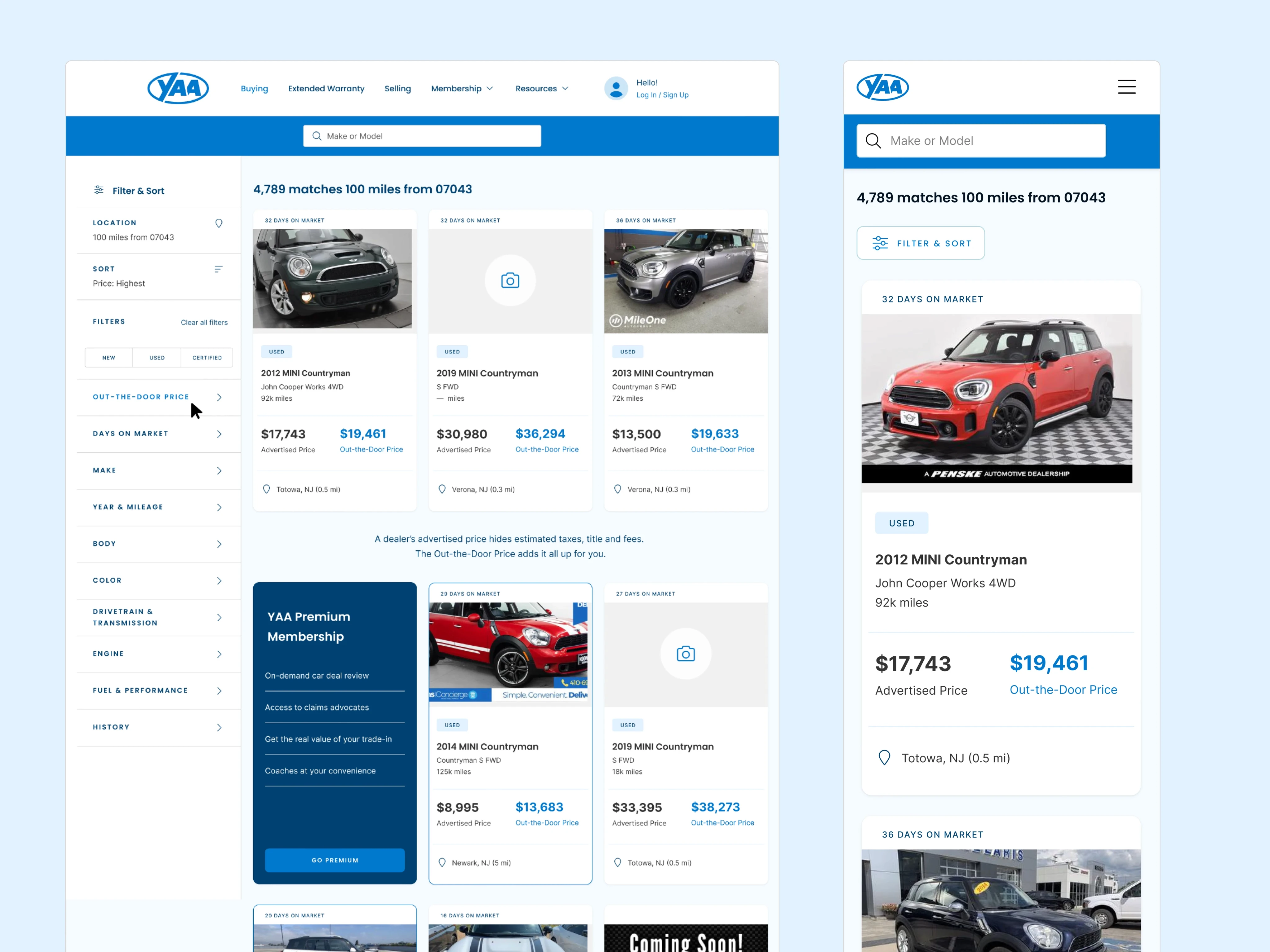 Search results page displaying search results for MINI Countryman vehicles with filter options and pricing.