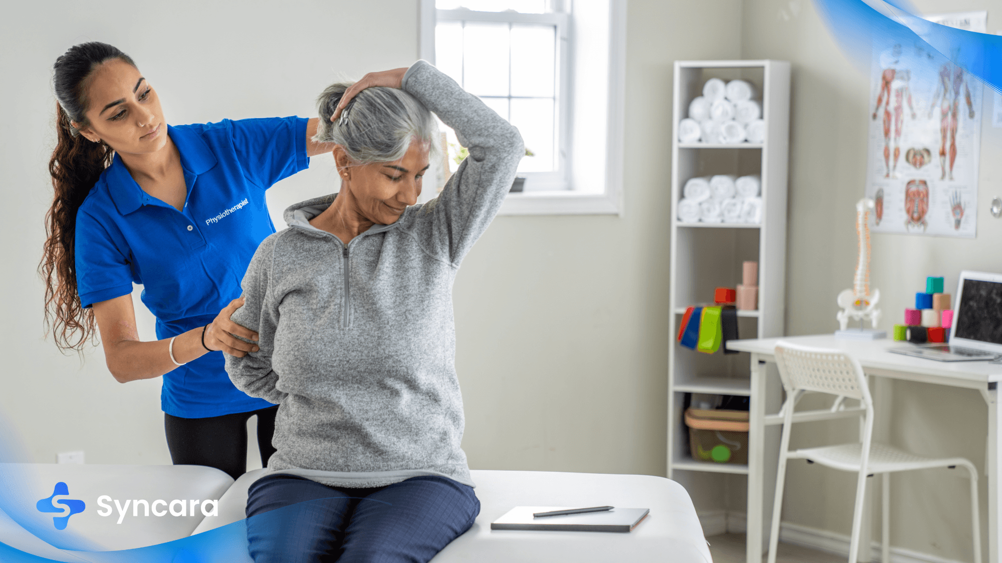 physiotherapist helps an Ontario patient perform guided stretching exercises in a modern clinic