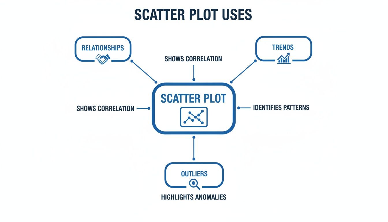A diagram illustrating the uses of a scatter plot, including relationships, trends, patterns, and outliers.