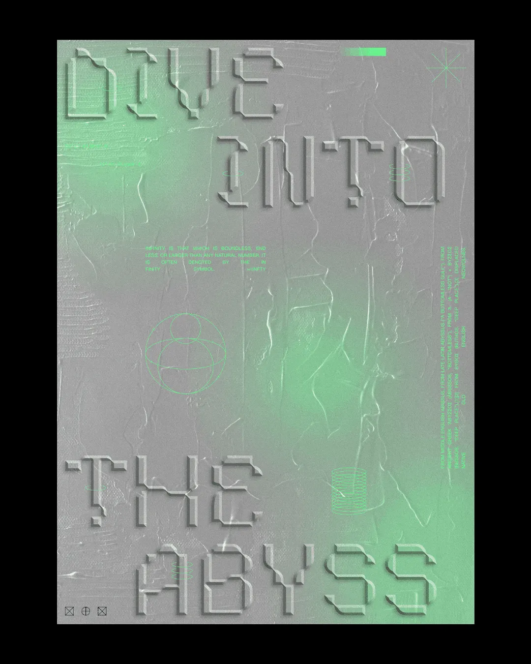 Dive Into The Abyss poster, futuristic design with embossed text and neon green accents.