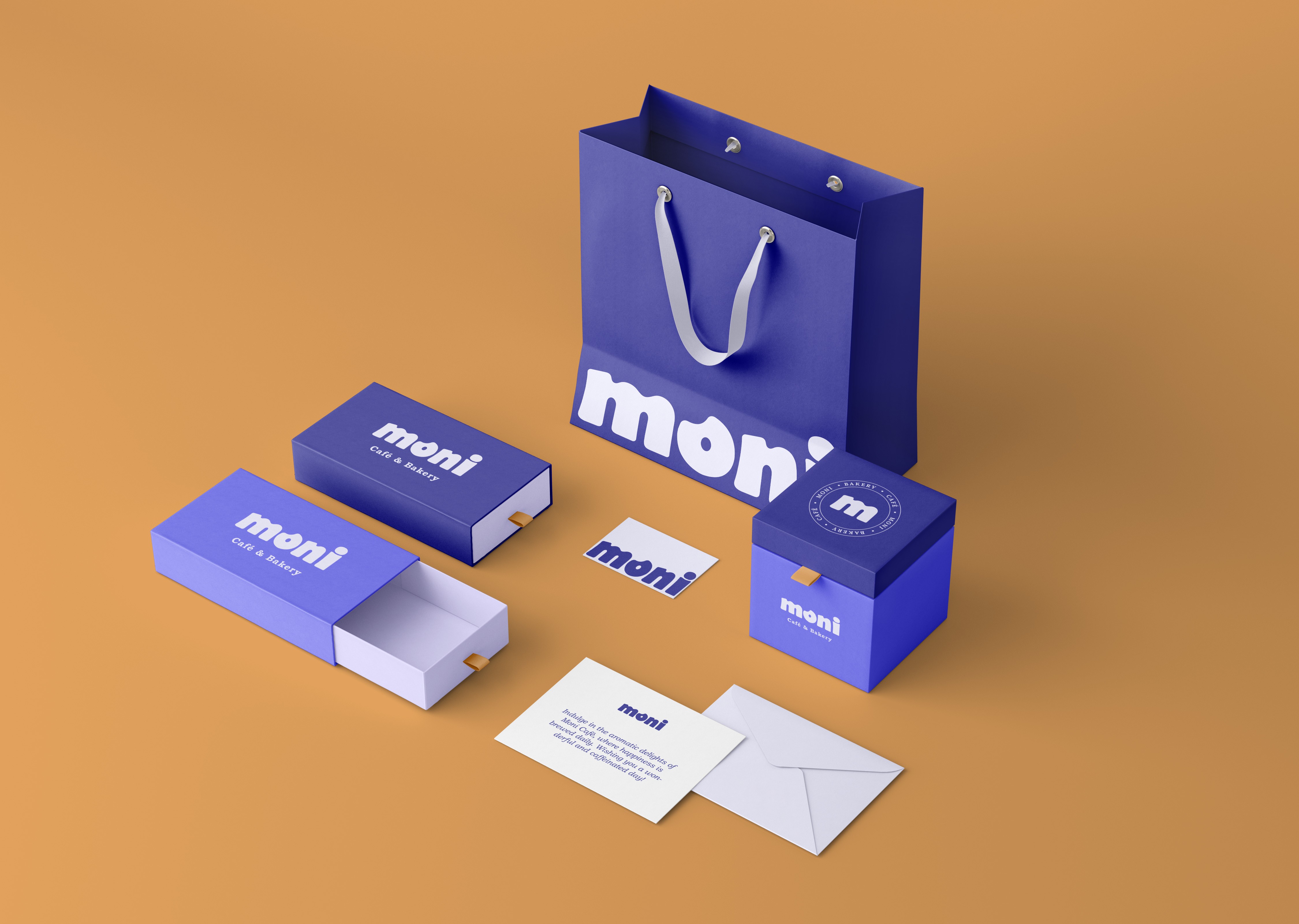 Cafe And Bakery Violet Brand Stationery, Pastry Box, Business Card, Gift Bag, Moni