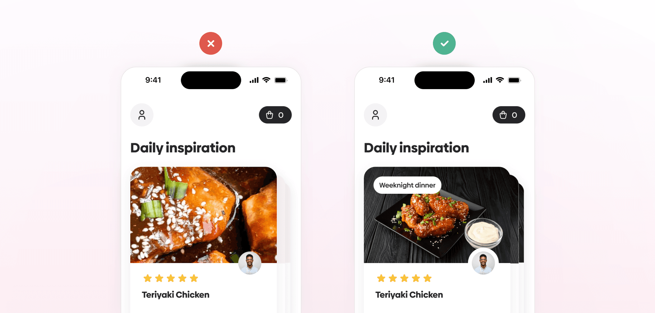 Example showing the difference imagery makes in UI design.