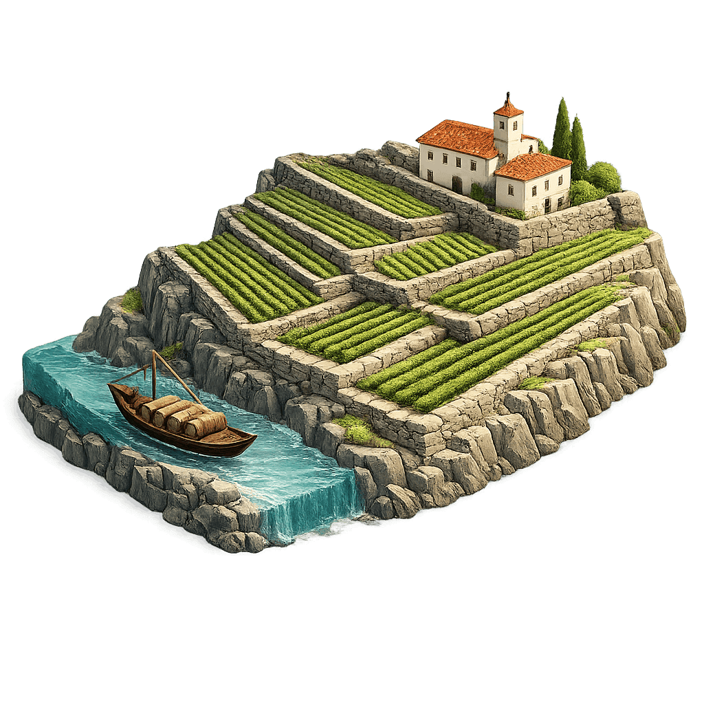 Artistic illustration of the Porto wine region.