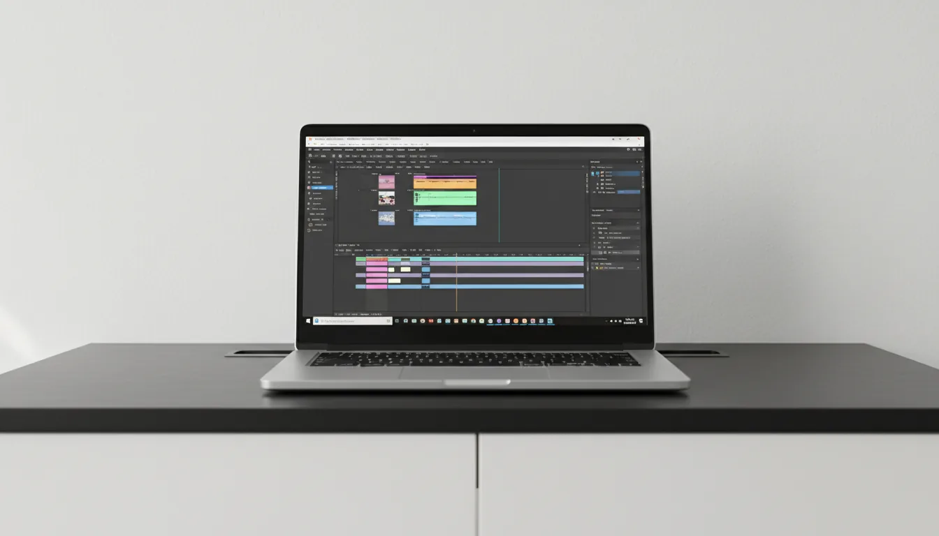 DSLR photograph of a silver laptop open on a minimalist desk, viewed from the front. The screen brightly displays the Adobe Premiere Pro software interface in Modern Dark Mode, featuring a complex video timeline with abstracted UI elements and placeholder video clips. The scene is lit by soft, natural daylight. The desk is two-toned with a black top and a white front, set against a plain, lightly textured white wall. The image has a shallow depth of field, with the laptop in sharp focus and the foreground and background softly blurred.